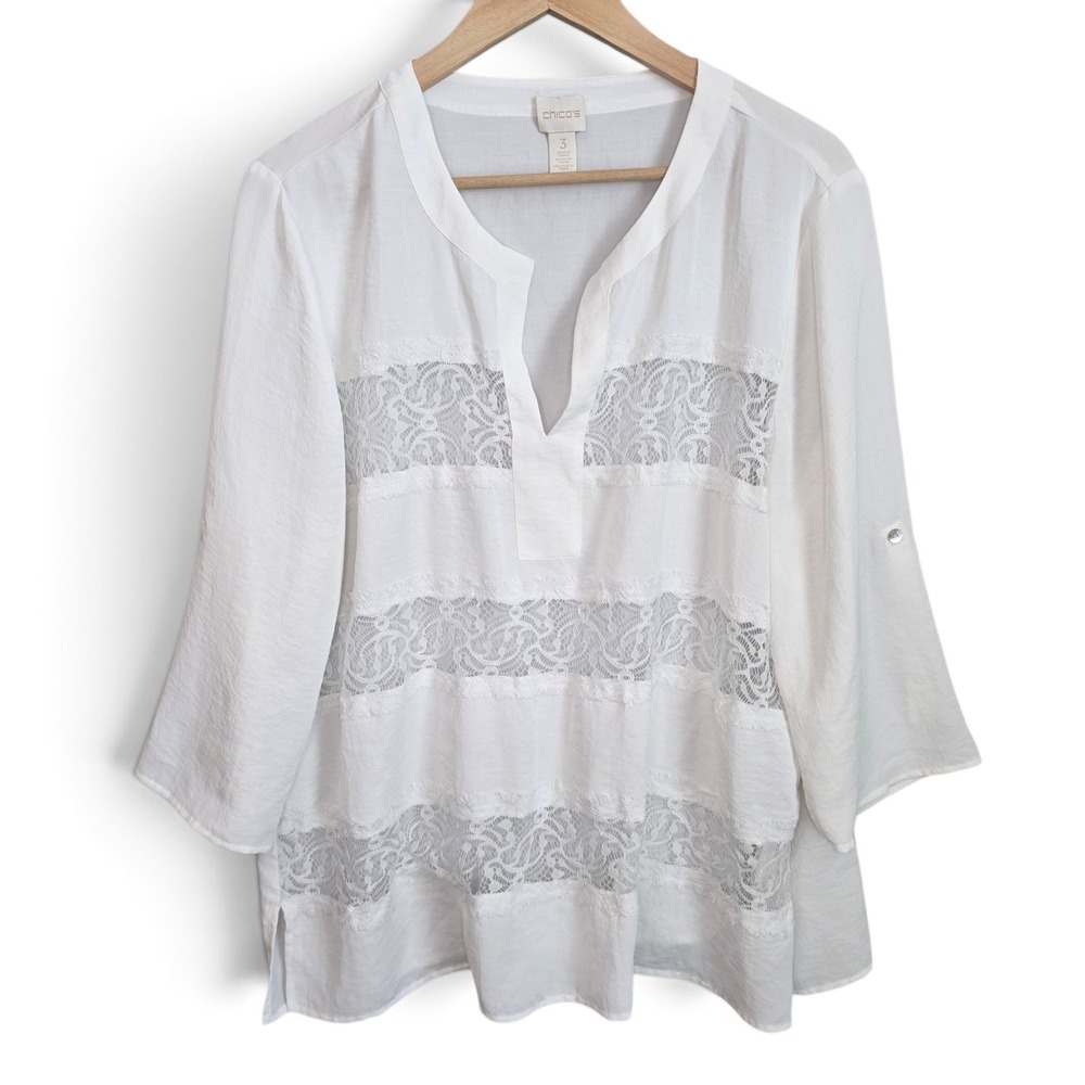 Chicos Blouse Womens 3 US XL White Lace Stripe Inset Split Neck Roll Tab Sleeve
